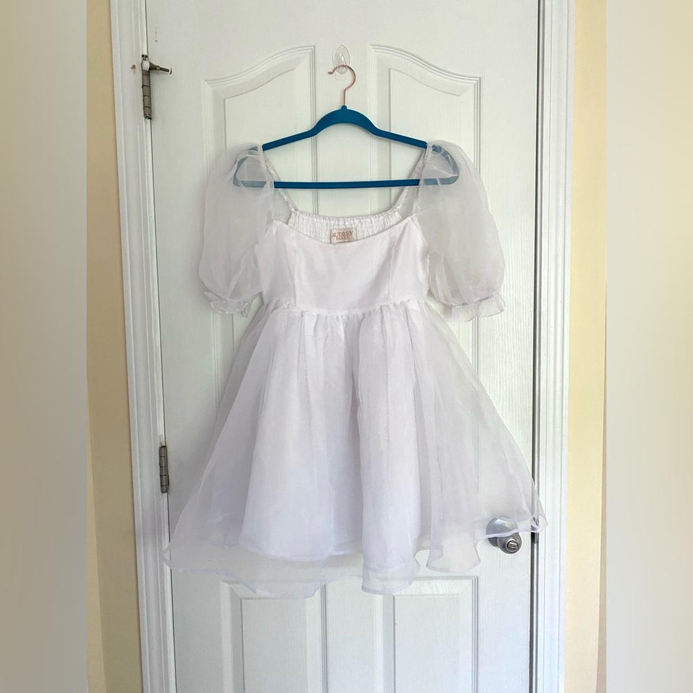 AUDREY PARKS Ina Puff Sleeve Cute Babydoll Chiffon Mini Dress White Size Small